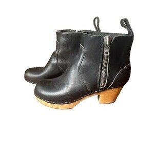 Womens‎ Swedish Hasbeens Zip It Emy Clog Bootie Wood Heel, Black leathe Sz 7.5
